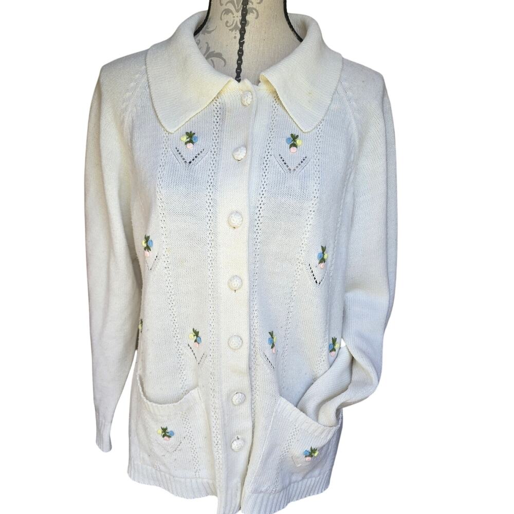 Grandmacore White Button Up Pastel Spring Embroidered Sweater